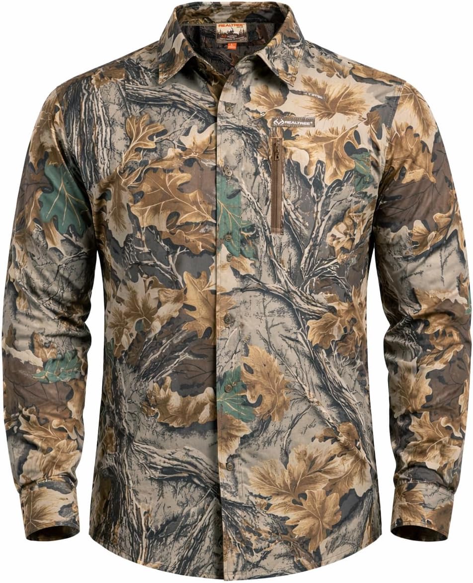 Realtree Men’s Long Sleeve Camo Hunting Shirt - Lightweight Breathable Button Down with UPF 50+ Sun Protection - Advantage