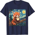 Fluffy Red Panda Holding Tea Cup Van Gogh Starry Night Art T-Shirt - Navy Blue