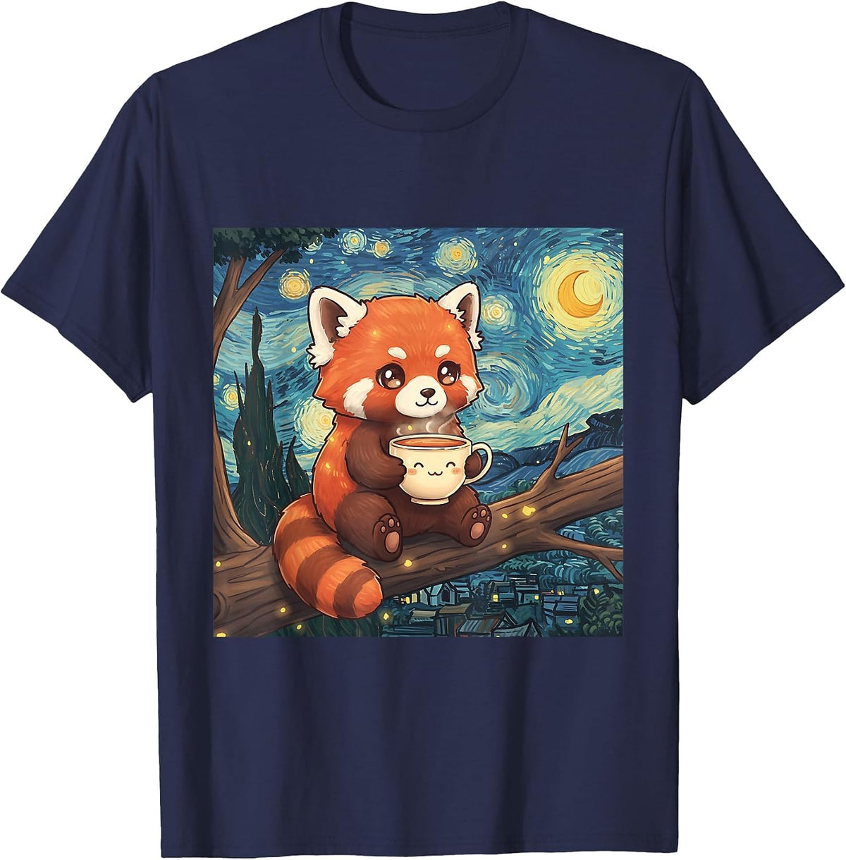 Fluffy Red Panda Holding Tea Cup Van Gogh Starry Night Art T-Shirt - Navy Blue
