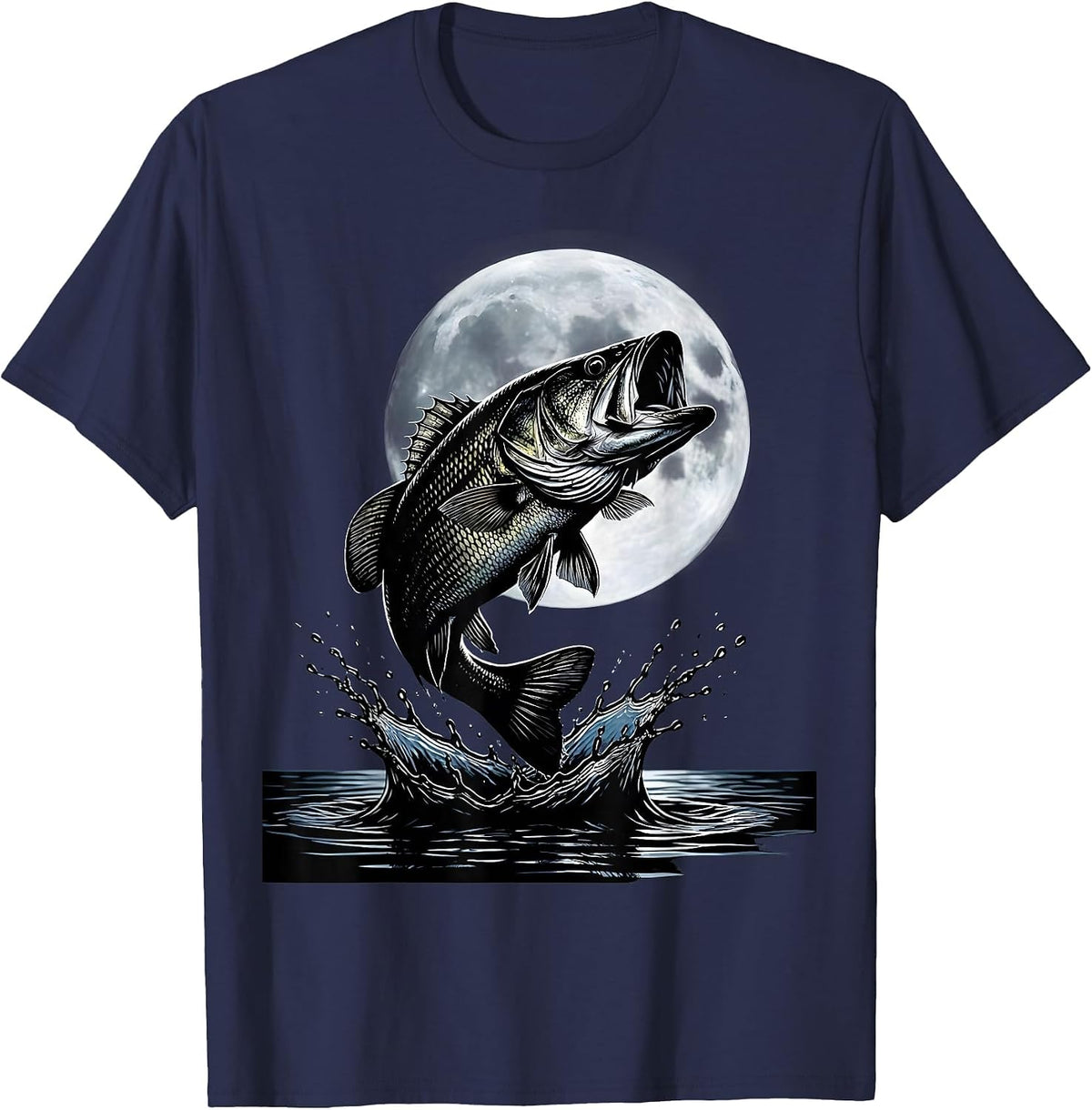 Bass Fishing Full Moon Night Graphic Tee T-Shirt - Navy Blue