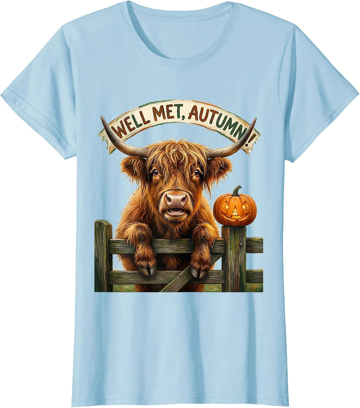 Well Met, Autumn! Storybook Highland Cow Fall Halloween T-Shirt - Baby Blue