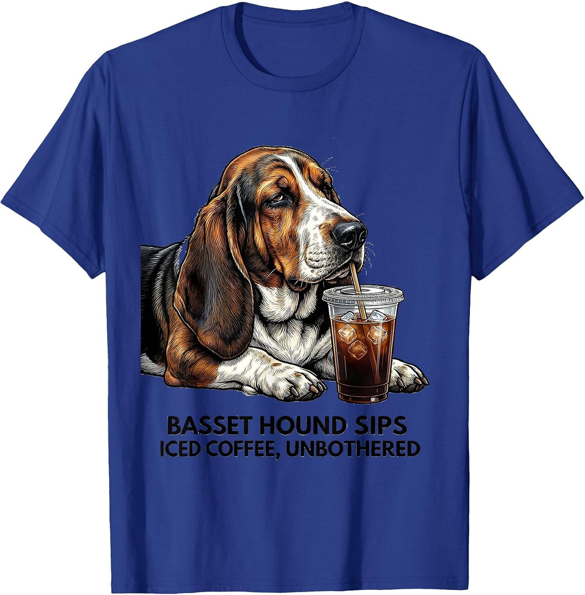 Men's Basset Hound Sips Iced Coffee, Unbothered Funny T-Shirt - Royal Blue