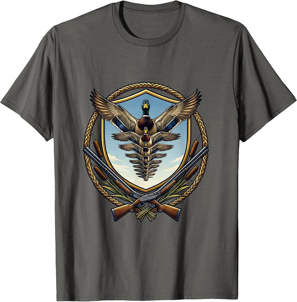 Overhead Flying Ducks V Formation Hunting Design T-Shirt - Asphalt Grey