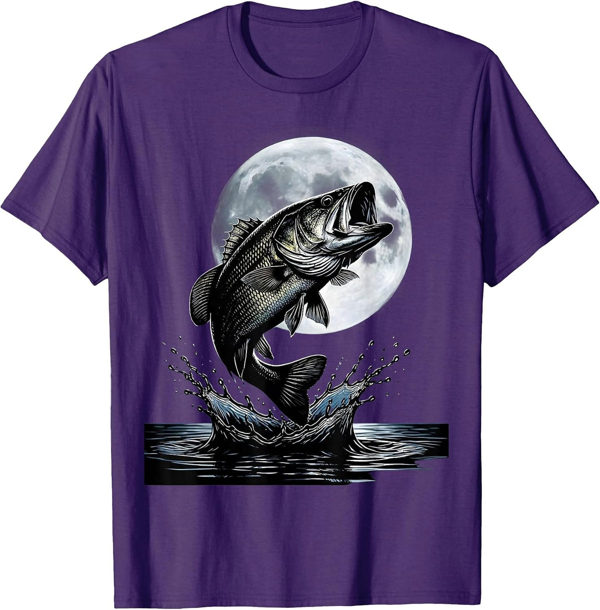 Bass Fishing Full Moon Night Graphic Tee T-Shirt - Purple