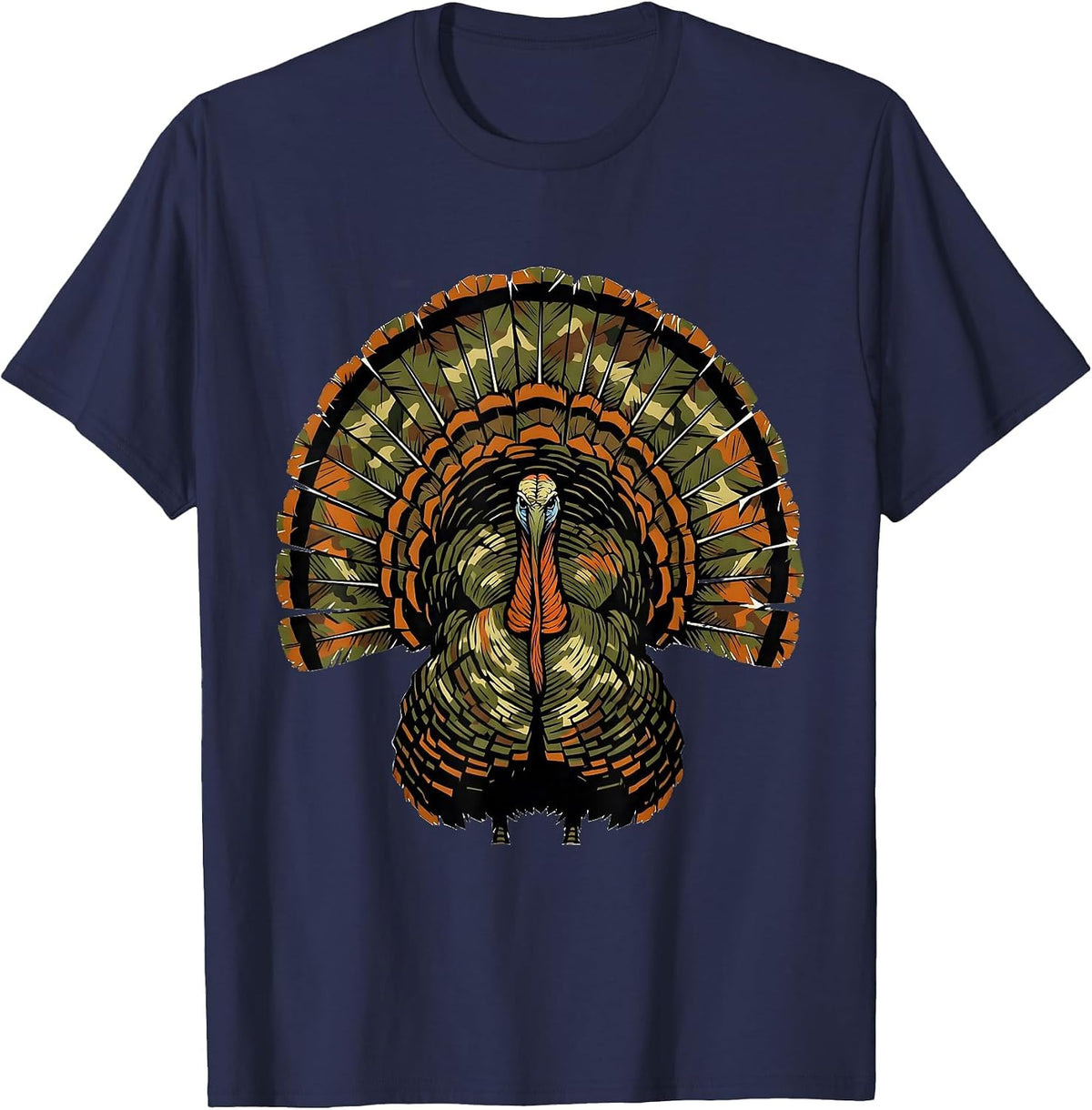 Camo Turkey Feathers Fan Hunting Graphic T-Shirt - Navy Blue
