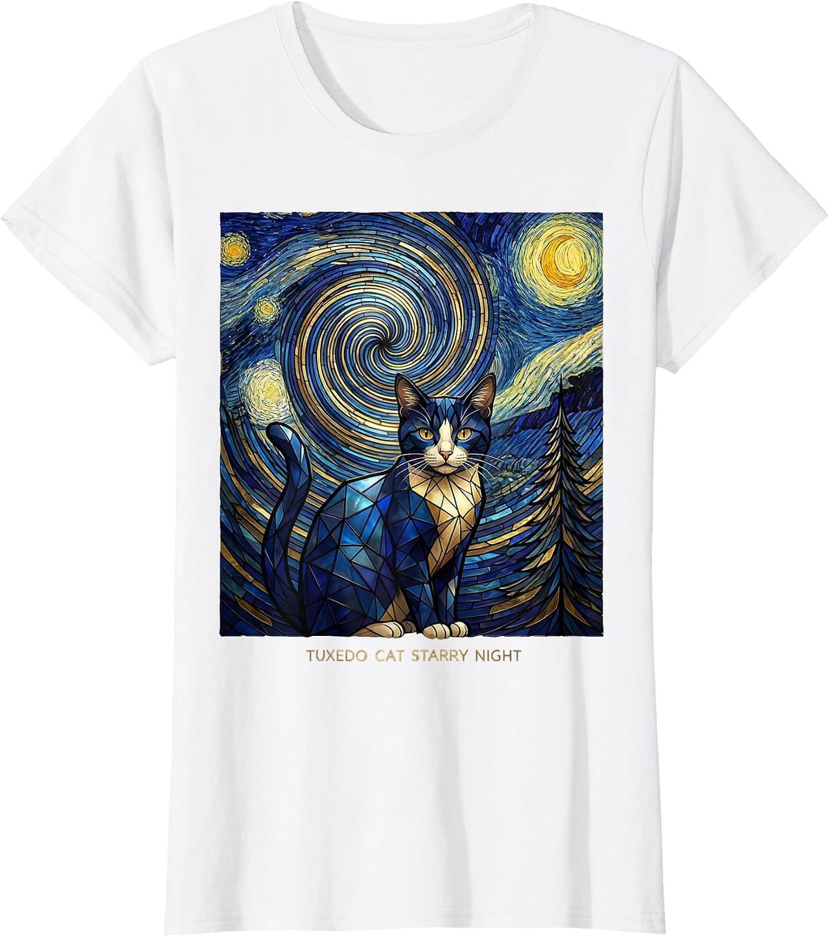 Women's Tuxedo Cat Starry Night Whimsical Van Gogh Cat Lover Art T-Shirt - White