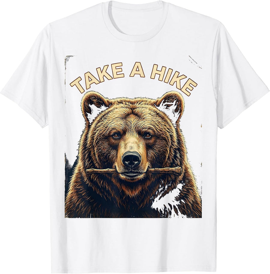 Men's Take A Hike Vintage Grizzly Bear Wildlife Humor Funny Animal T-Shirt - White