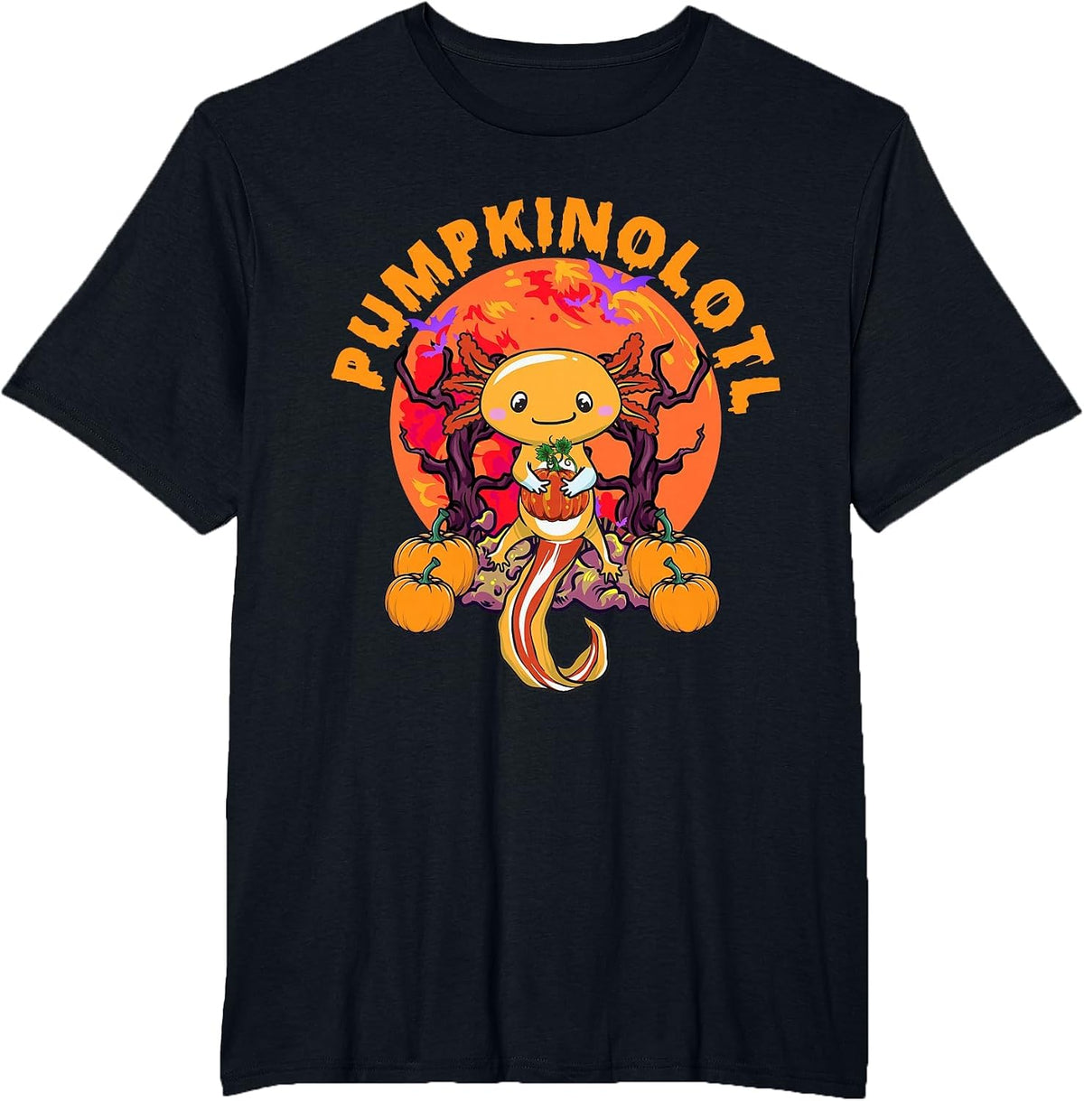 Halloween Axolotl Salamander Pumpkin Orange Pumpkinolotl T-Shirt - Black