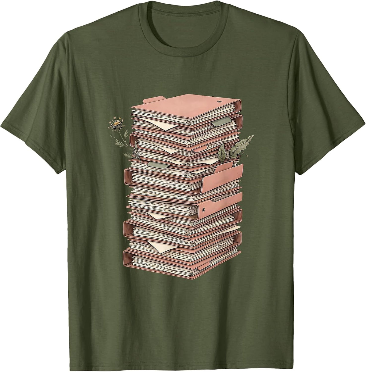 Men's Social Worker Overflowing File Folders Desk Art T-Shirt - Olive Green