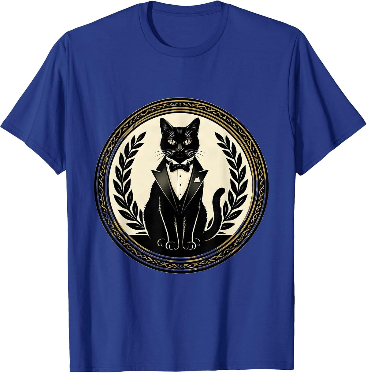 Regal Cat in Tuxedo Illustration T-Shirt - Royal Blue