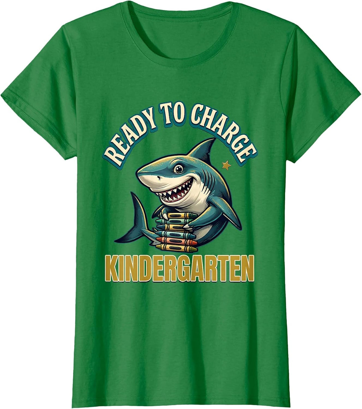 Women's Ready To Charge Kindergarten Funny Shark Back to School Kids T-Shirt - Kelly Green