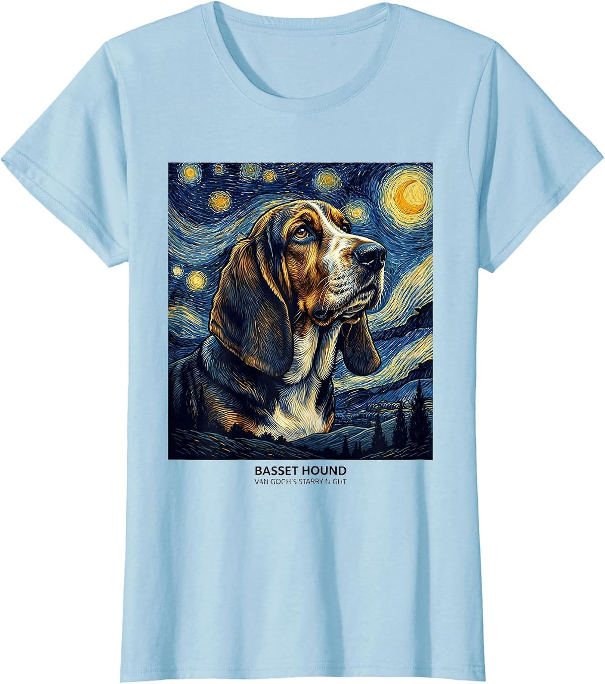 Women's Basset Hound Van Gogh's Starry Night Art Portrait Dog Lover T-Shirt - Baby Blue