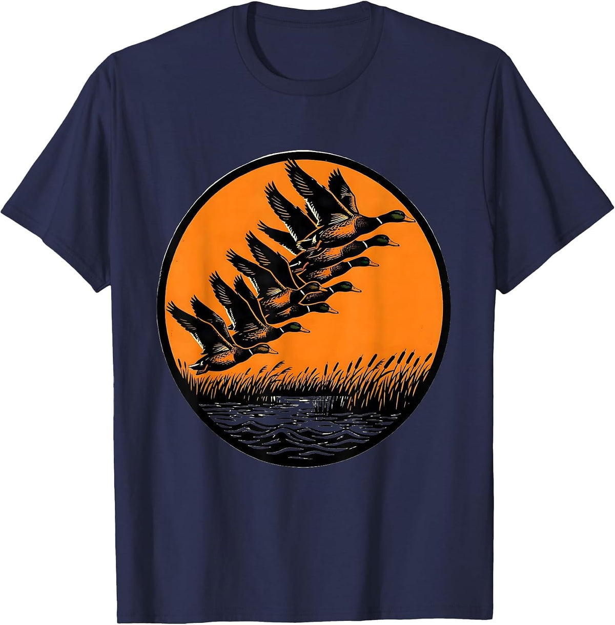 Camo Duck Hunting Marsh Flock Descending T-Shirt - Navy Blue