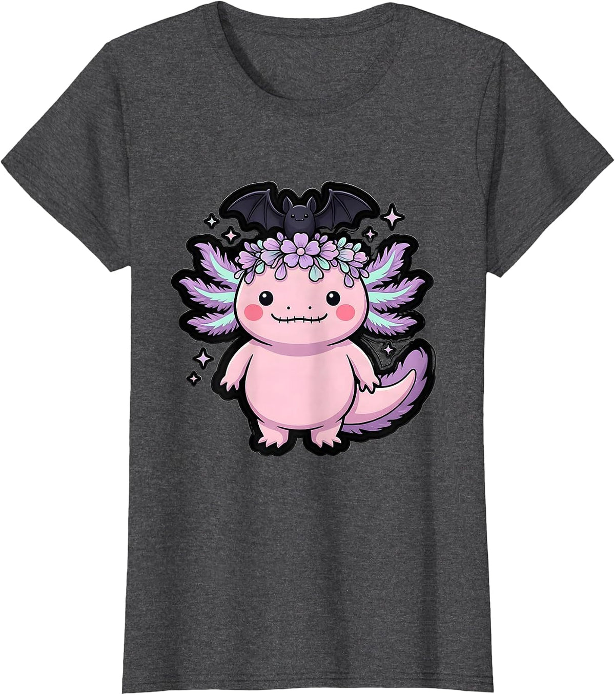 Women's Kawaii Chubby Axolotl with Flower Headband T-Shirt - Dark Heather Grey
