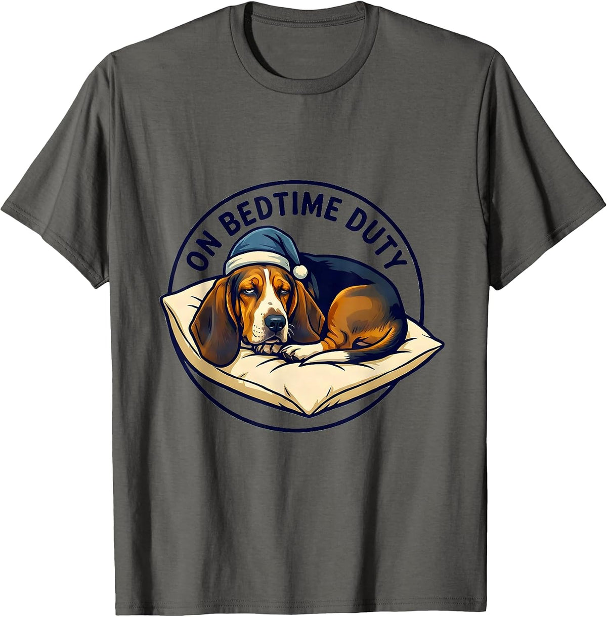 Men's On Bedtime Duty Funny Basset Hound Sleepwear Animal Lover T-Shirt - Asphalt Grey