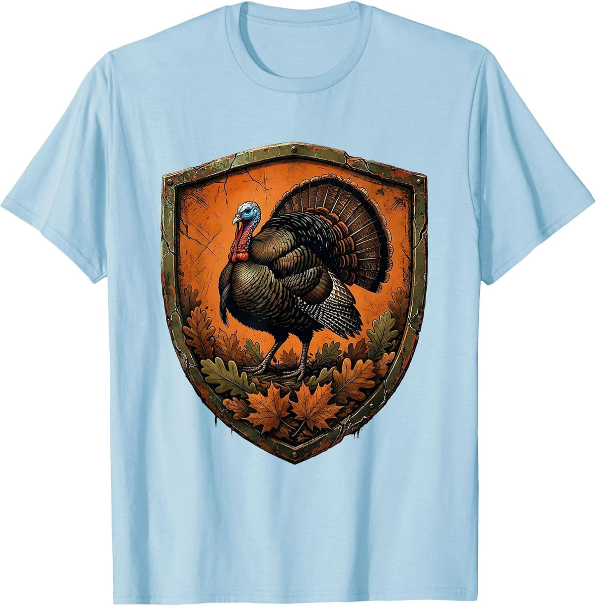 Men's Camo Turkey Striding Through Autumn Leaves T-Shirt - Baby Blue