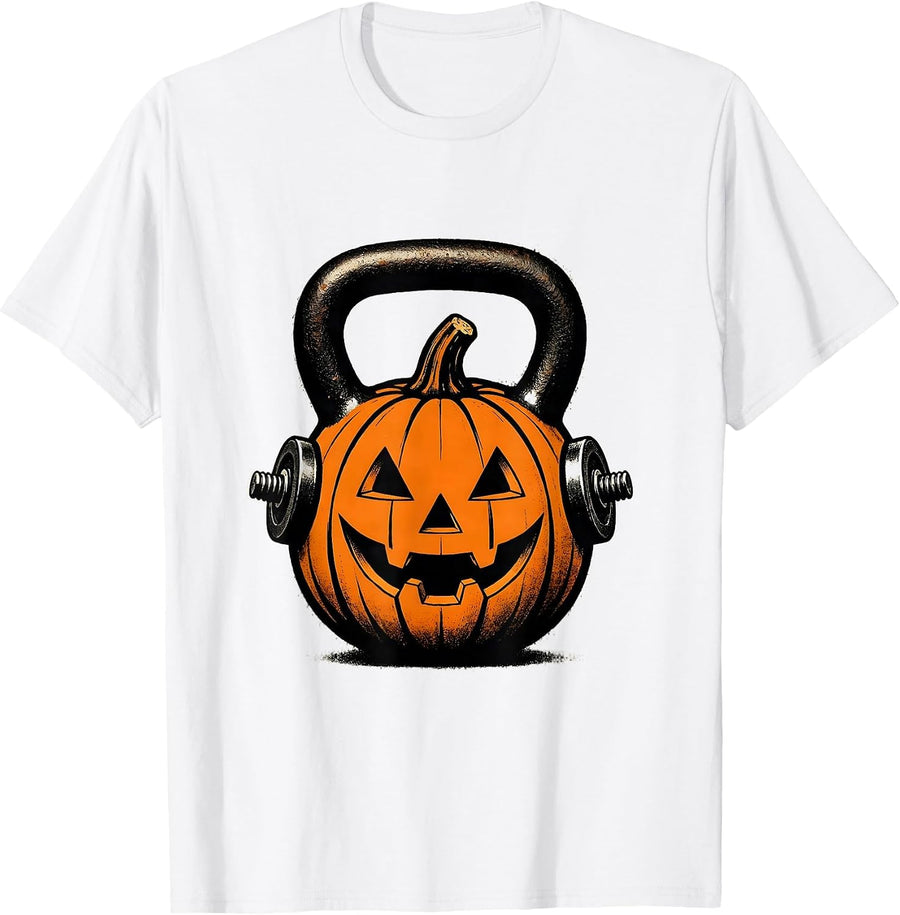 Men's Jacked O Lantern Kettlebell Halloween Gym Workout Lifting T-Shirt - White
