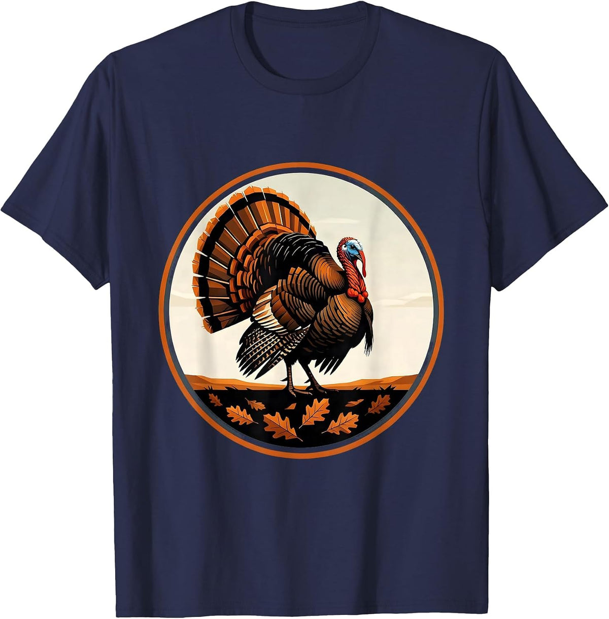 Men's Turkey Strutting Through Autumn Leaves Illustration T-Shirt - Navy Blue