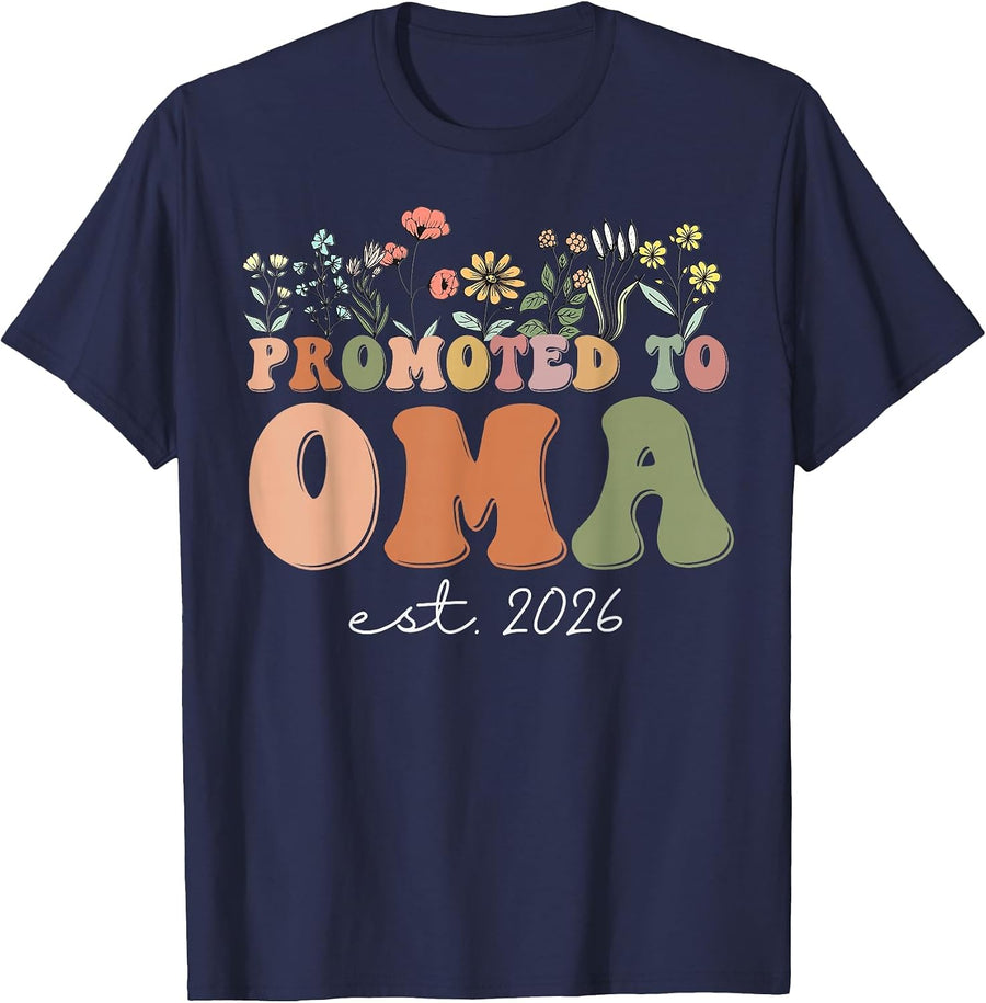 Promoted to Oma Est. 2026 Wildflowers T-Shirt - Navy Blue