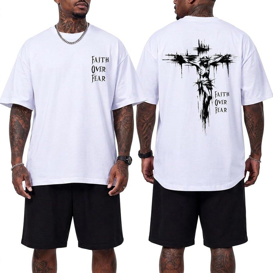 BINTEHGS Christian Faith Over Fear Shirt Jesus Cross T Shirts for Mens Oversized Religious Tshirts God Vintage Graphic Tee -