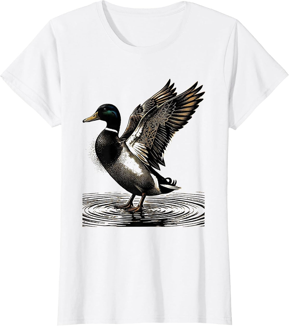 Women's Camo Mallard Duck Landing on Still Water T-Shirt - White
