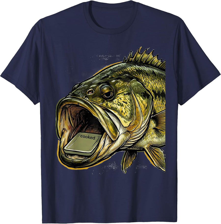 cooked Funny Bass Fishing Humor Dad Gift T-Shirt - Navy Blue