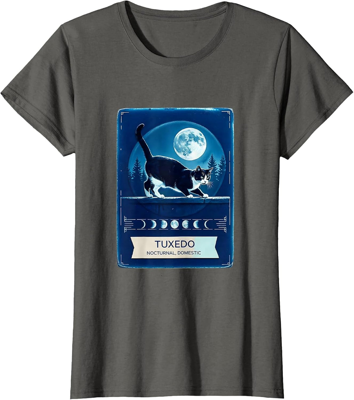 Women's Tuxedo Nocturnal Domestic 90s Retro Cat Lover Portrait T-Shirt - Asphalt Grey