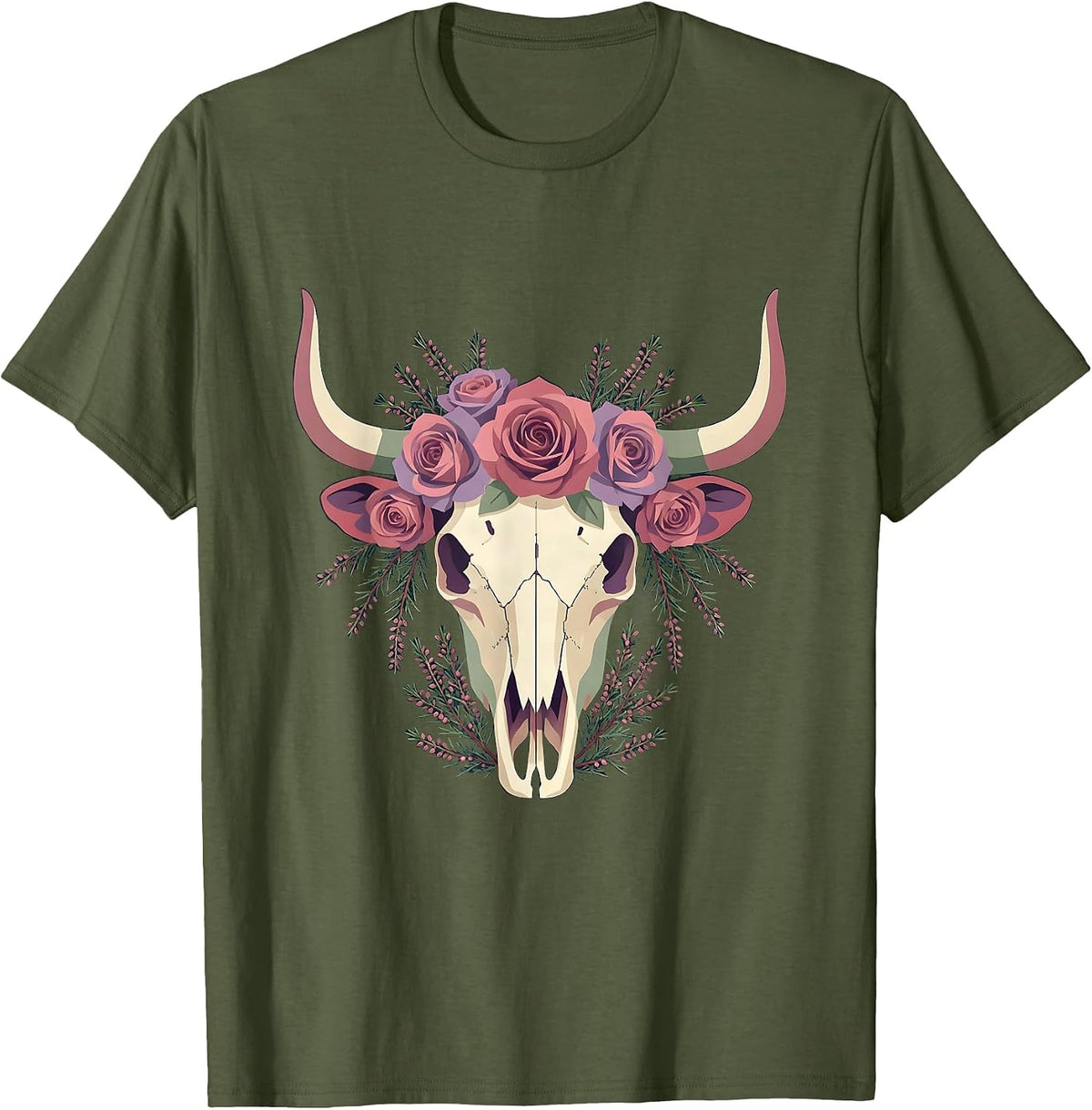 Highland Cow Skull Roses and Heather Graphic T-Shirt - Olive Green