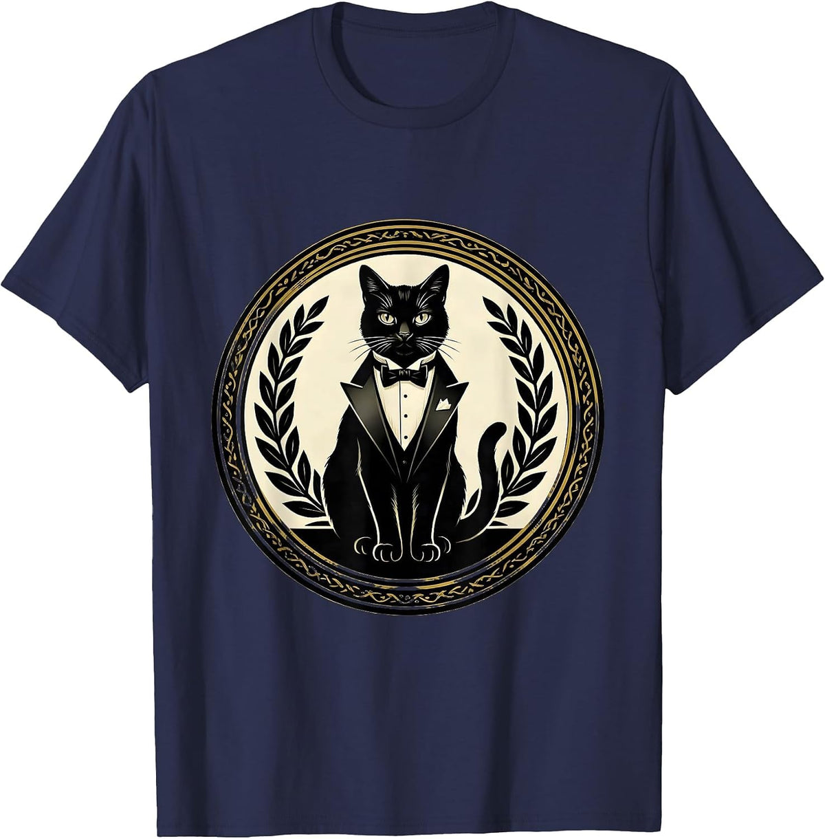 Regal Cat in Tuxedo Illustration T-Shirt - Navy Blue