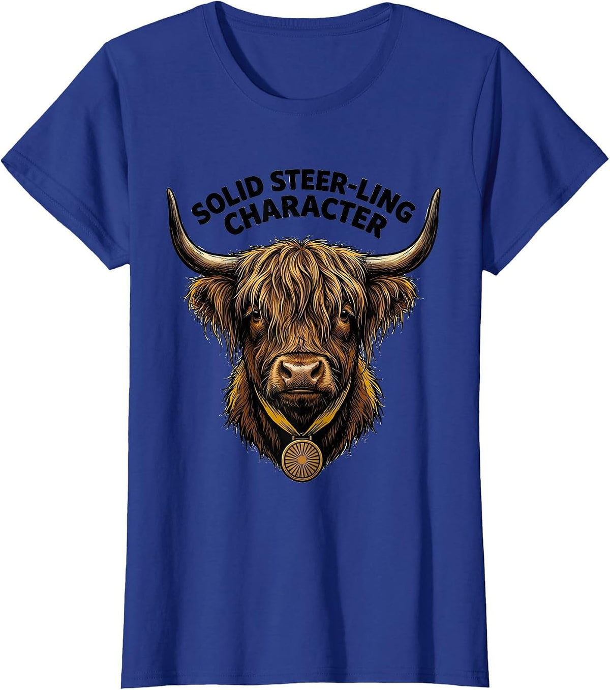 Women's Solid Steer-ling Character Funny Highland Cow Animal Lover T-Shirt - Royal Blue