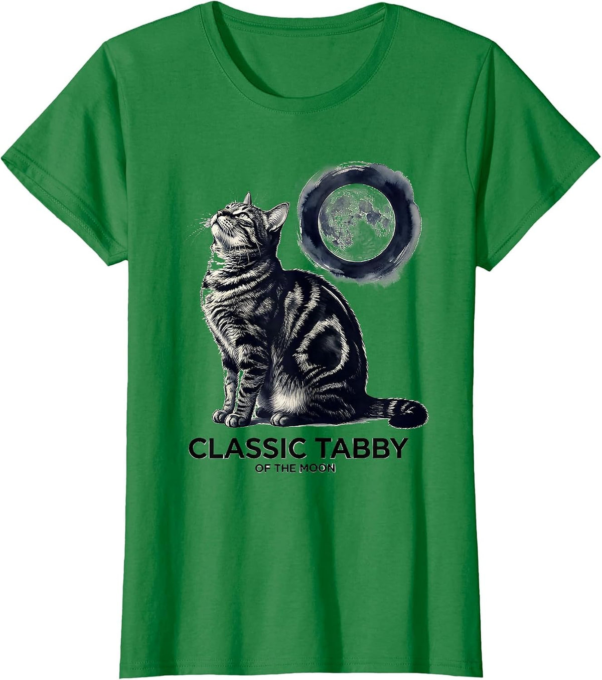 Classic Tabby Of The Moon Ink Brush Cat Lover Retro Humor T-Shirt - Kelly Green