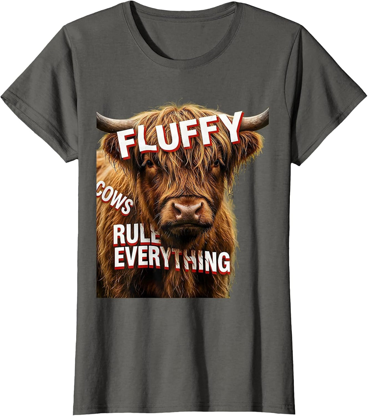 Women's Fluffy Cows Rule Everything Highland Cow Design T-Shirt - Asphalt Grey