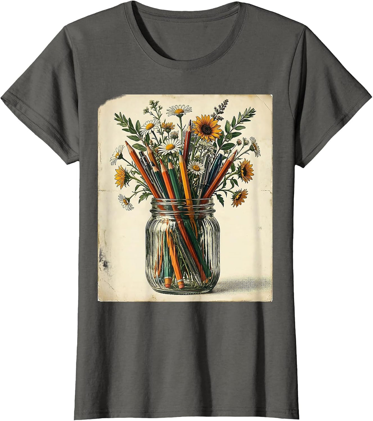 Women's Elementary Teacher Mason Jar Pens Flowers Graphic T-Shirt - Asphalt Grey