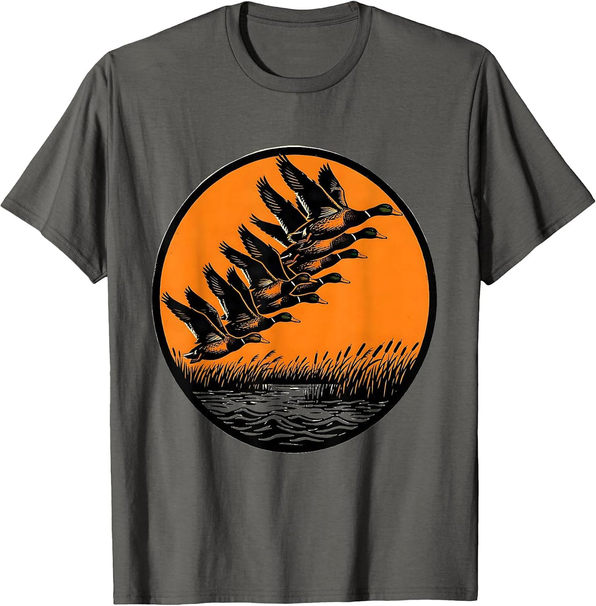 Camo Duck Hunting Marsh Flock Descending T-Shirt - Asphalt Grey