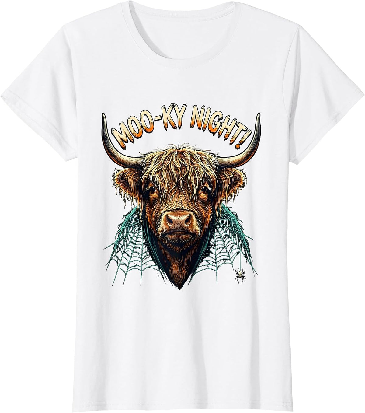 Moo-ky Night! Whimsical Highland Cow Halloween Humor T-Shirt - White