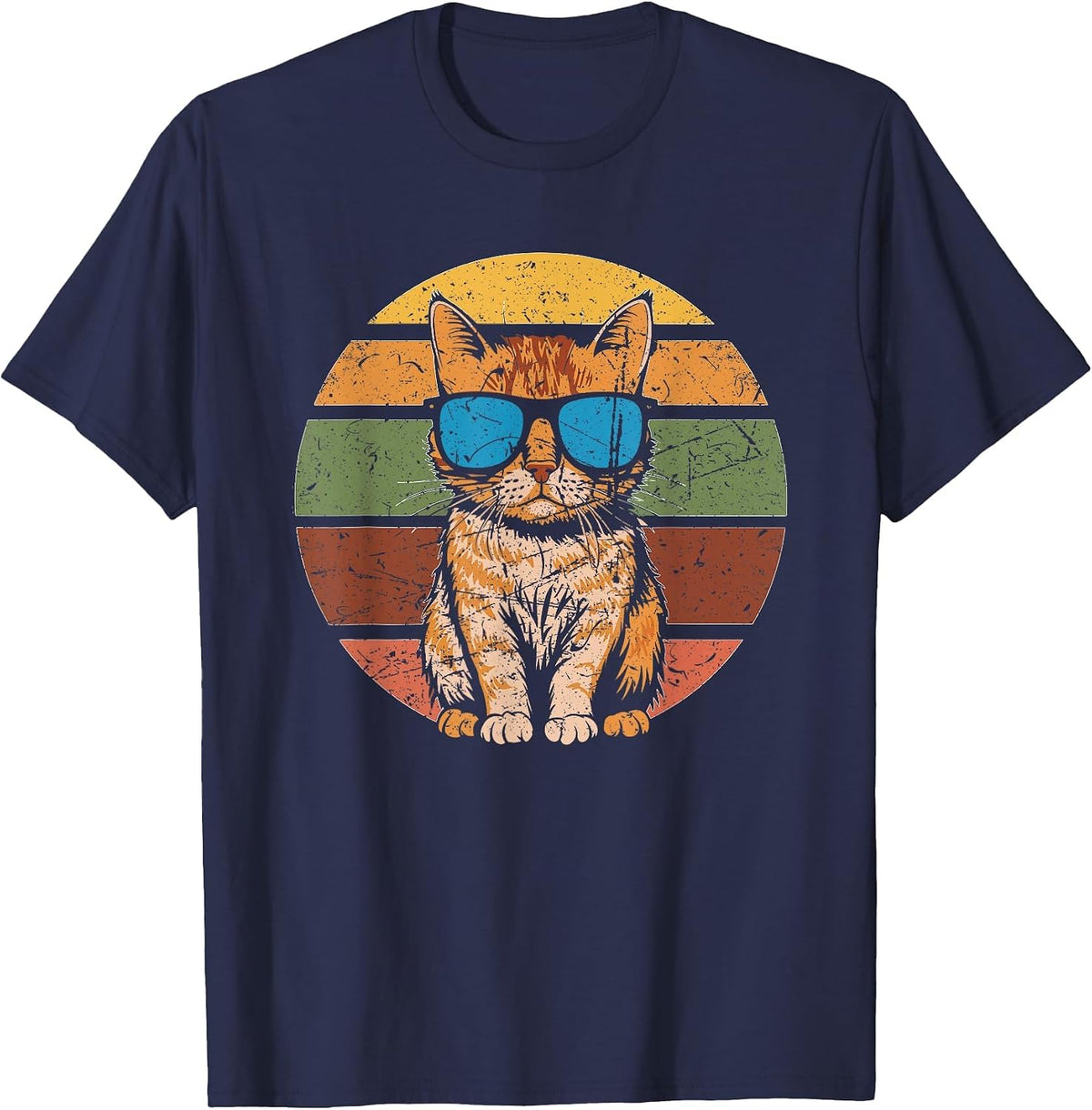 Vintage Style Orange Tabby Cat Friendly Wearing Sunglasses T-Shirt - Navy Blue