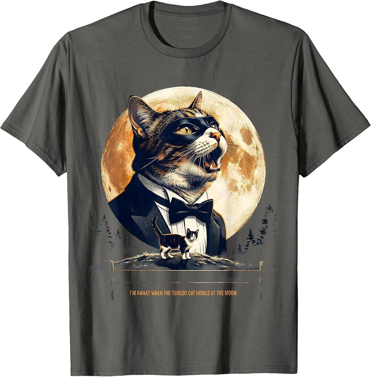 Men's I'm Awake When the Tuxedo Cat Howls at Moon Retro T-Shirt - Asphalt Grey
