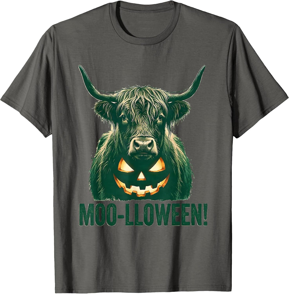 Moo-lloween! Funny Highland Cow Halloween Humor Spooky T-Shirt - Asphalt Grey
