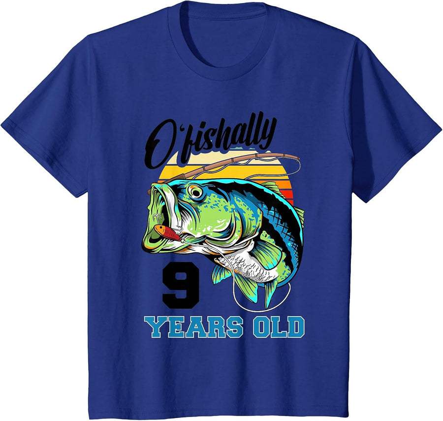 O'Fishally 9 Years Old 9th Birthday Fishing Bass Fish Retro T-Shirt - Royal Blue