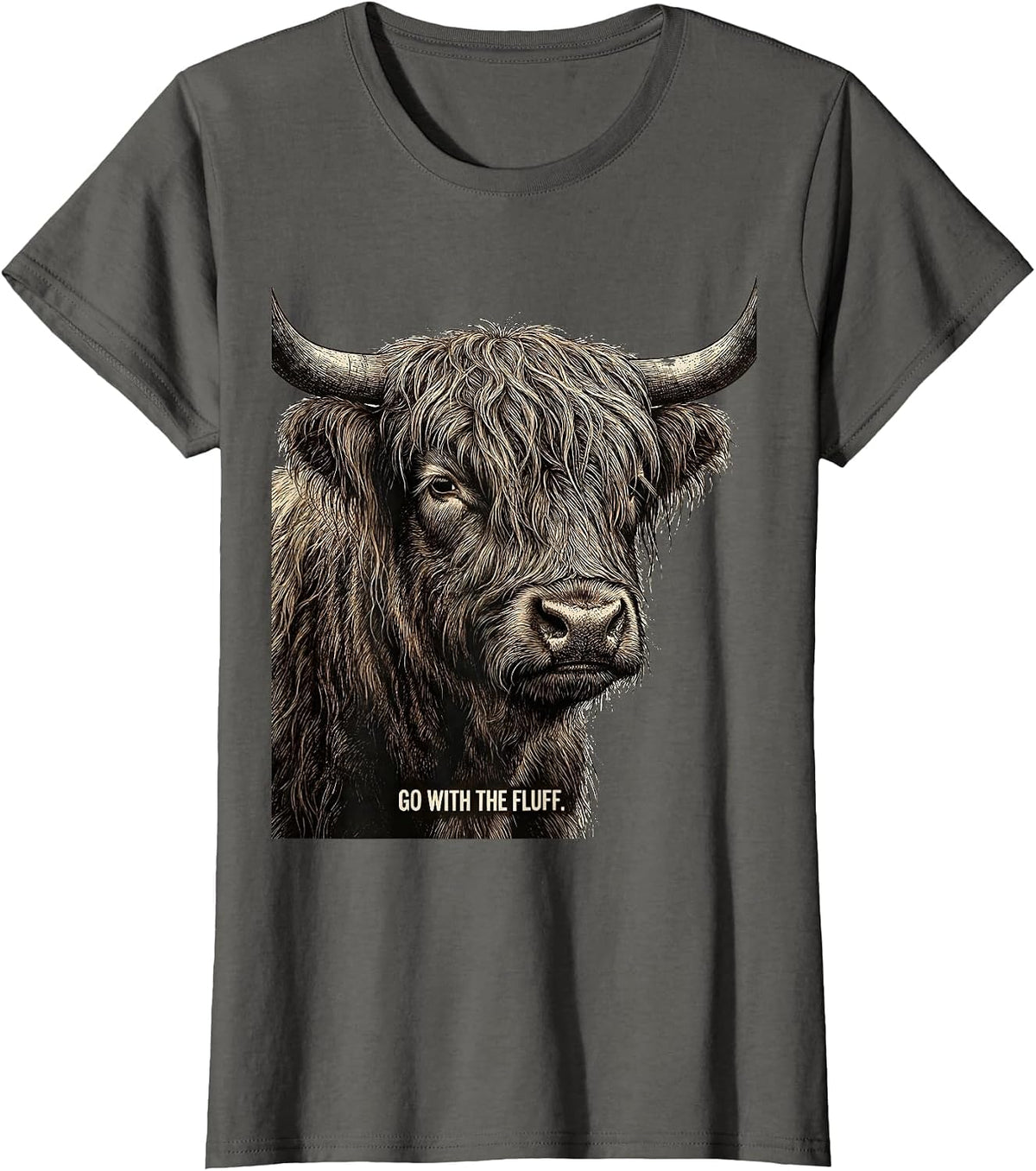 Women's Go With The Fluff Funny Highland Cow Lover Cute Graphic T-Shirt - Asphalt Grey