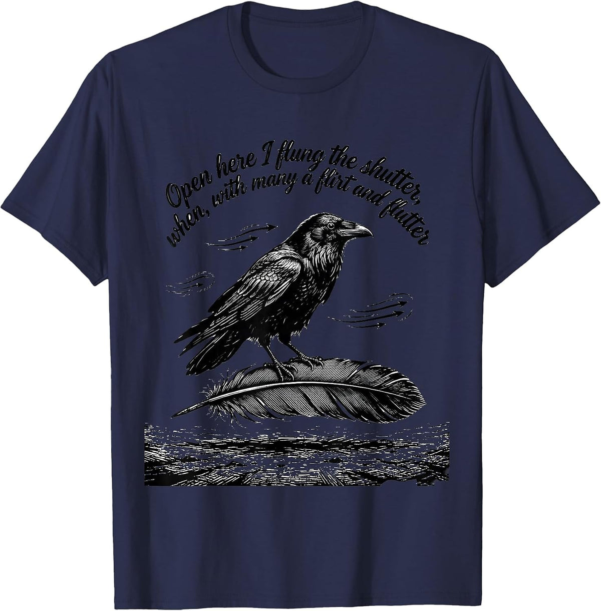 Men's Open Here I Flung the Shutter Gothic Raven Edgar Allan Poe T-Shirt - Navy Blue