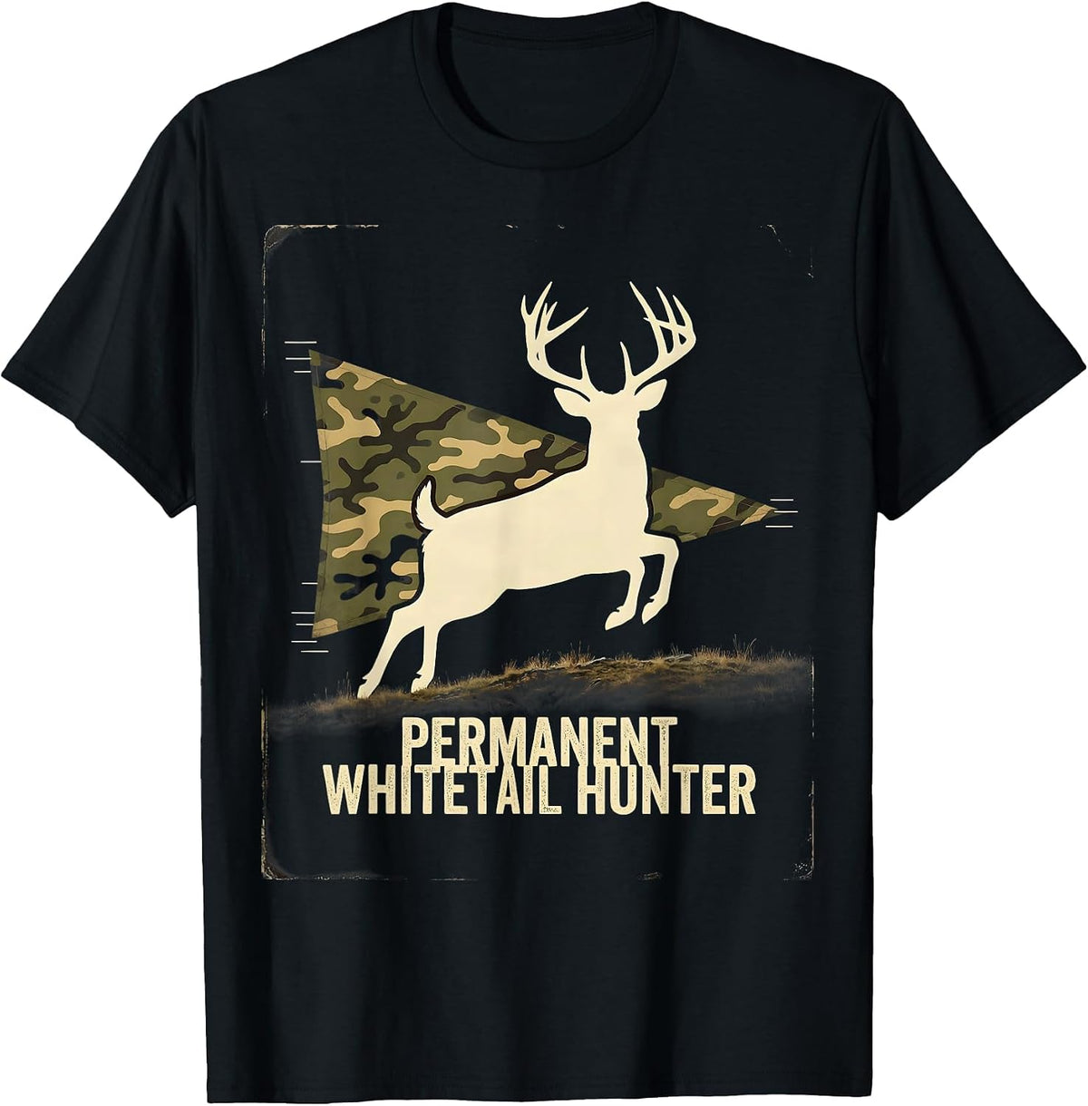 Men's Permanent Whitetail Hunter Vintage Camo Deer Hunting Dad T-Shirt - Black