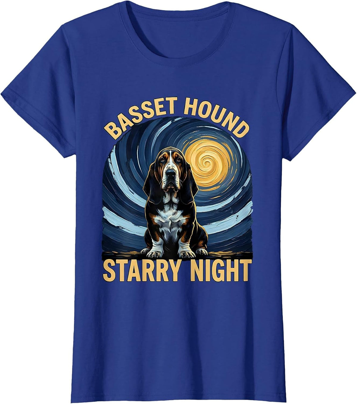 Women's Basset Hound Starry Night Whimsical Pet Lover Van Gogh T-Shirt - Royal Blue