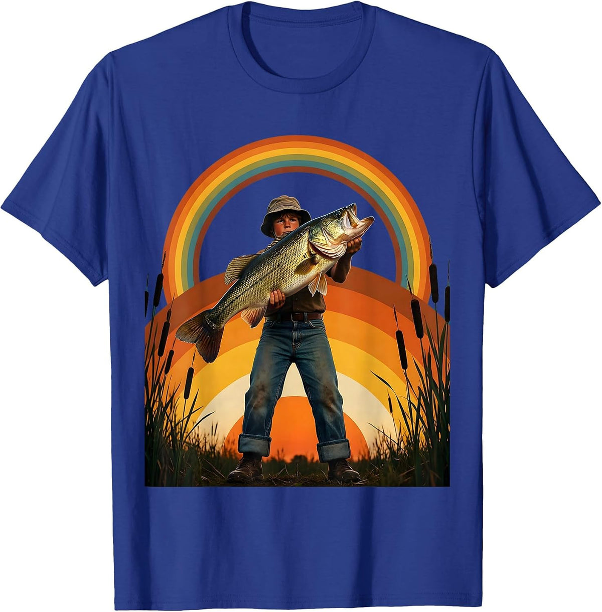 Young Angler Holding Giant Trophy Bass Fishing T-Shirt - Royal Blue