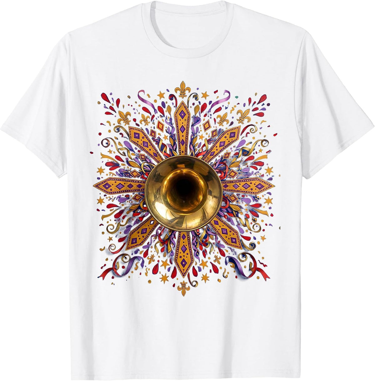 Mardi Gras Trumpet Confetti Explosion Art T-Shirt - White