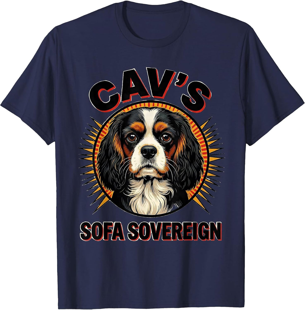 Cav's Sofa Sovereign Pop Art Cavalier King Charles Spaniel T-Shirt - Navy Blue