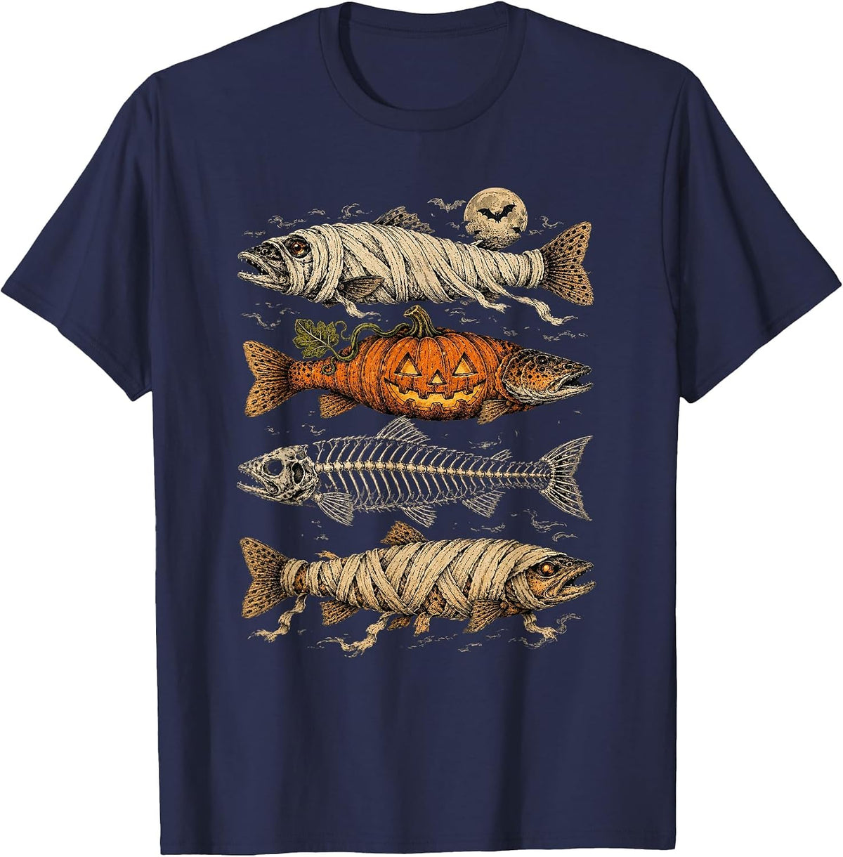 Halloween Fish Shirt Funny Trout Ghost Pumpkin Skeleton Mummy Fishing Tee T-Shirt - Navy Blue
