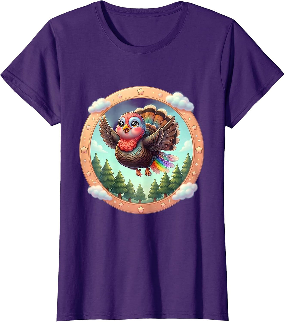 Women's Wild Turkey in Flight Over Pine Trees Graphic T-Shirt - Purple
