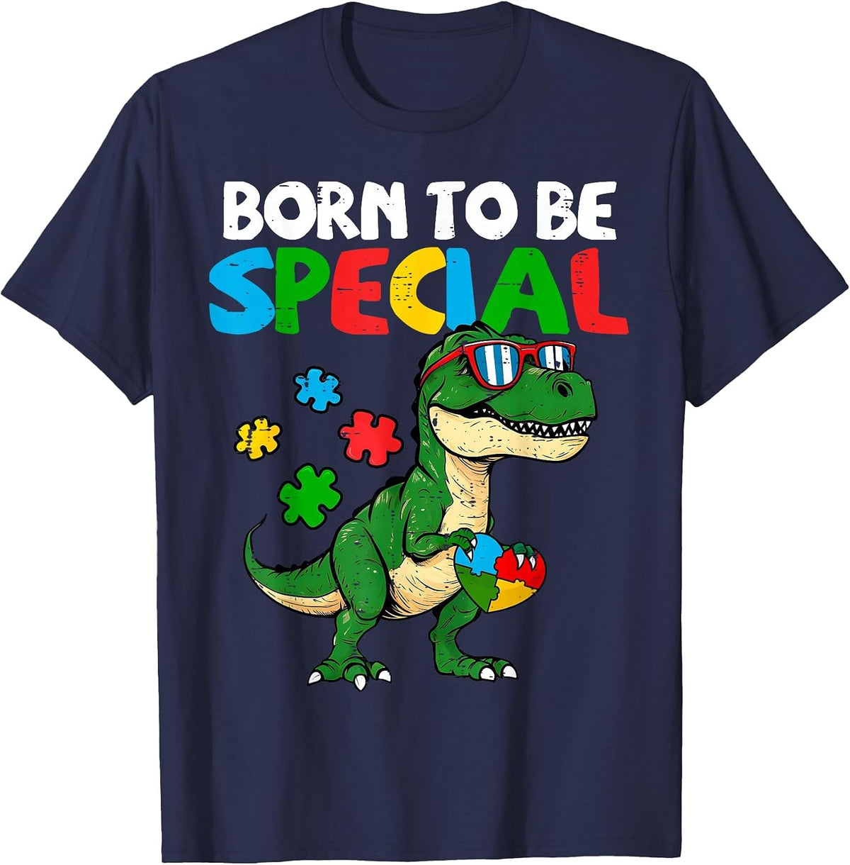Born Special T-rex Puzzle Autism Awareness Dinosaur Boys T-Shirt - Navy Blue