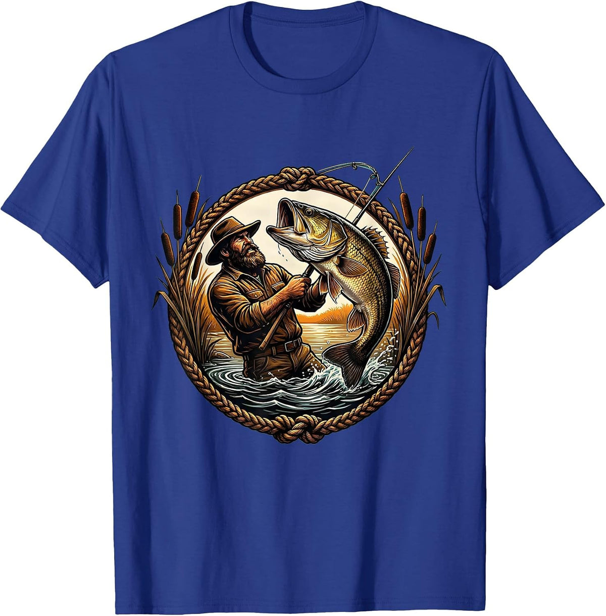 Bearded Fisherman Reeling In Giant Bass T-Shirt - Royal Blue